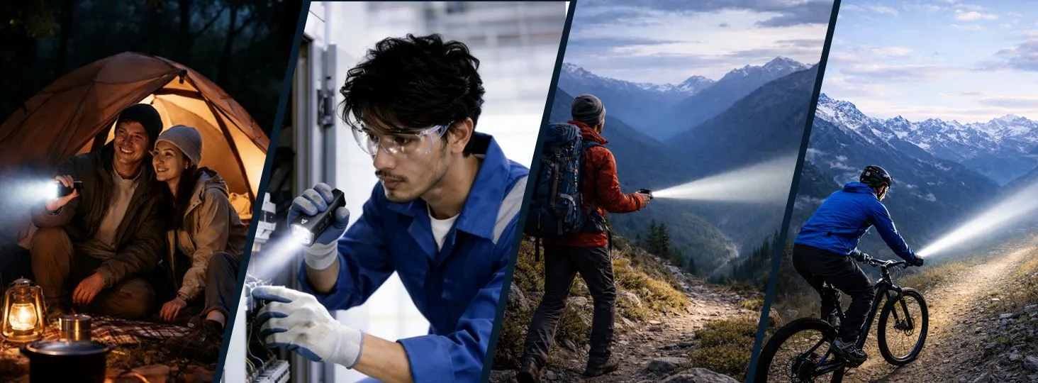 People using torches and lights at a campsite, at work, on a mountain trail and on a bike at night